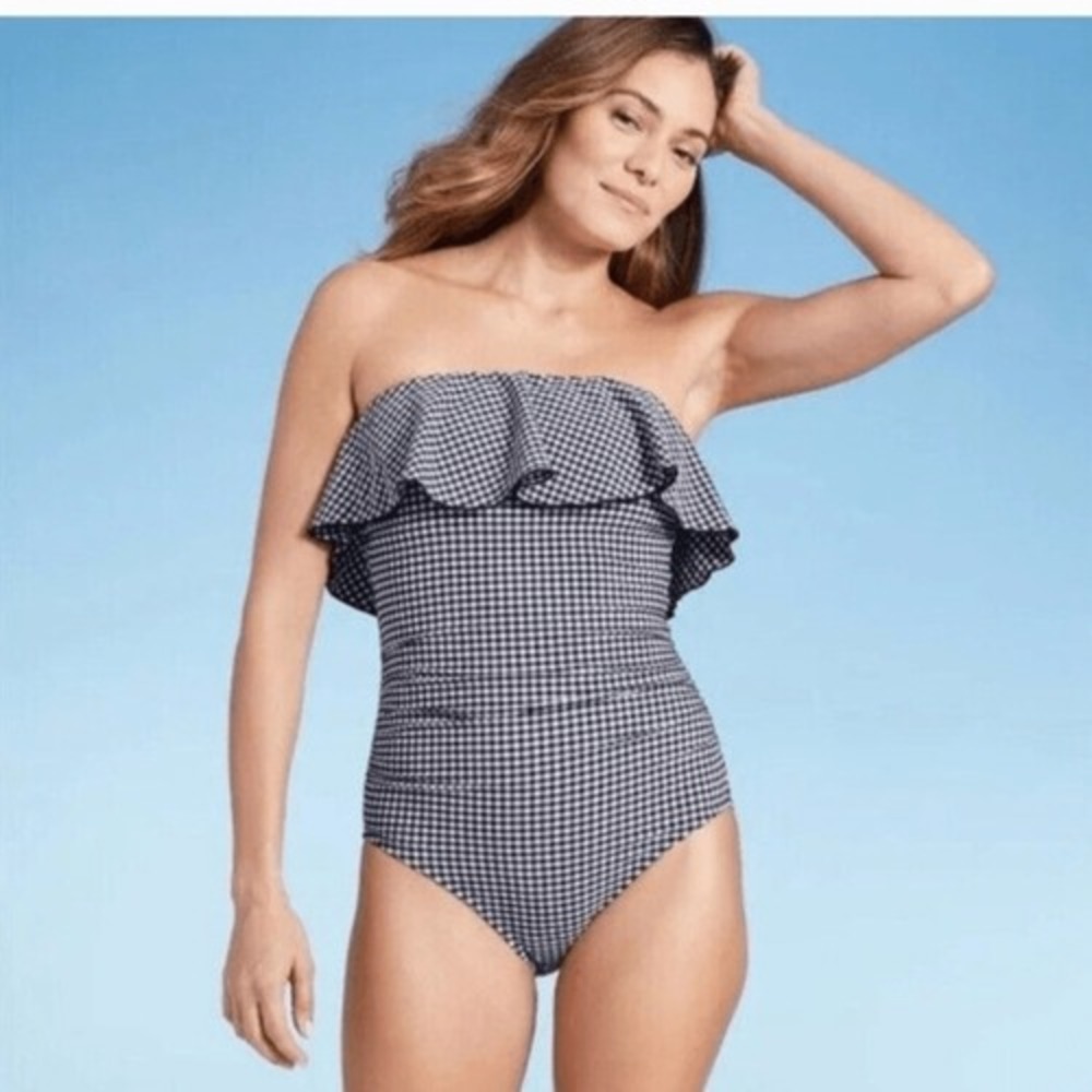 Kona Sol NWT 35B Navy Blue White Gingham‎ Ruffle One Piece Swimsuit Size 18W